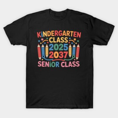 Black T-shirt with colorful "Kindergarten Class 2025 Senior Class 2037" design, casual wear, cotton material.