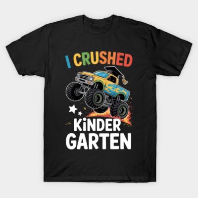 Black t-shirt featuring colorful monster truck with "I Crushed Kindergarten" text, perfect for celebratory wear.