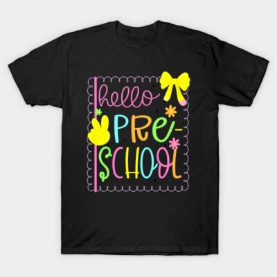 Black T-shirt with colorful "Hello Preschool" design, featuring bows and flowers, ideal for preschool kids' wear.