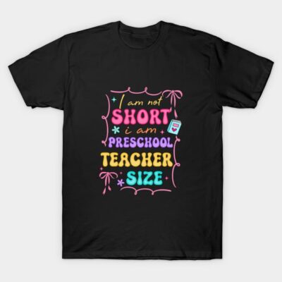 Black T-shirt with colorful "Preschool Teacher Size" text design, casual style, perfect for teachers.