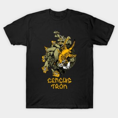 Black graphic t-shirt with a vibrant yellow and green abstract design, perfect for casual wear.