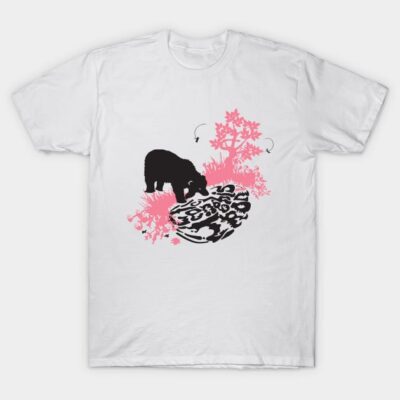 White graphic t-shirt featuring a black bear and pink floral design, made from 100% cotton, casual style.