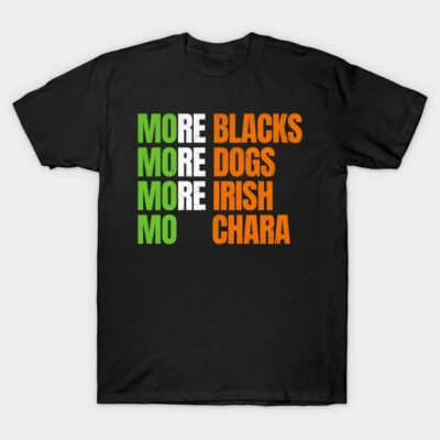Black t-shirt with colorful text design, featuring green, white, and orange lettering. Casual unisex style, cotton fabric.