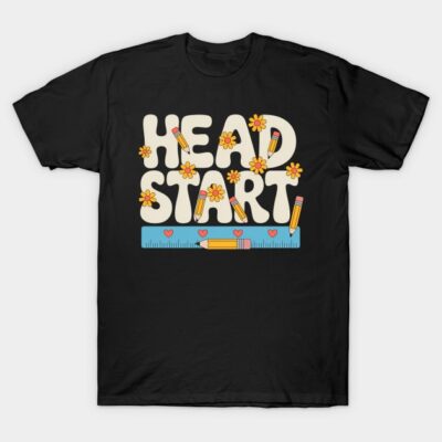 Black "Head Start" graphic tee with floral and pencil design, ideal for casual wear. Cotton material, unisex style.
