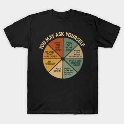 Black graphic t-shirt with colorful pie chart design and text, casual style, made from cotton, unisex fit.