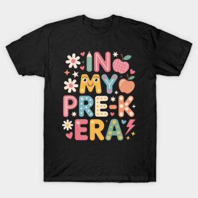 Black t-shirt with colorful "In My Pre-K Era" graphic design, featuring flowers and playful icons for kids.