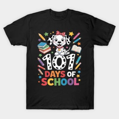 Black "101 Days of School" T-shirt featuring a cartoon dalmatian, colorful pencils, and books. Perfect for school events.
