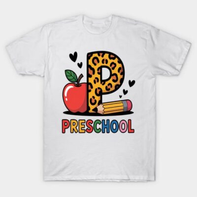 White preschool t-shirt with colorful leopard print letter, apple, and pencil design, perfect for kids' school wear.