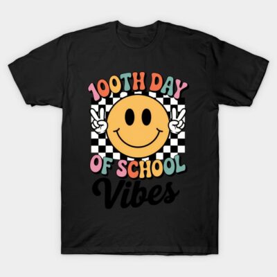 Black t-shirt with "100th Day of School Vibes" colorful design, smiley face graphic, casual style, cotton material.