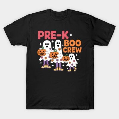Black "Pre-K Boo Crew" T-shirt with cute ghost and pumpkin design, perfect for Halloween. Comfortable cotton material.