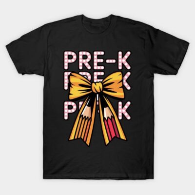 Black T-shirt with colorful "PRE-K" text, featuring a yellow bow and pencil design. Ideal for preschool teachers.