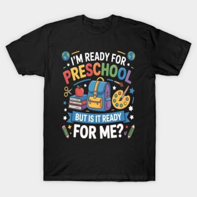 Black preschool-themed graphic t-shirt with colorful text and playful school-related illustrations.