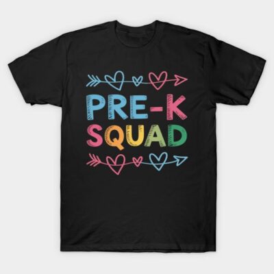 Black T-shirt with colorful "Pre-K Squad" graphic, featuring hearts and arrows, perfect for preschool teachers or students.