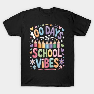 Black T-shirt with "100 Days of School Vibes" colorful design, featuring pencils, hearts, and flowers. Bold and fun style.