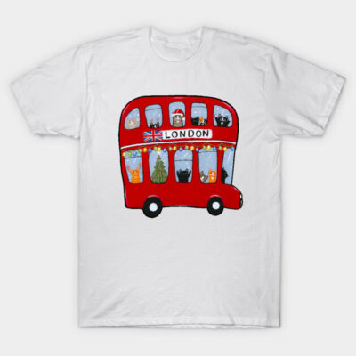 White T-shirt with red London bus graphic featuring cats and holiday theme, perfect for casual wear or gifts.