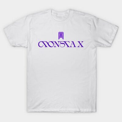 White cotton t-shirt with purple "Monsta X" logo, casual style, perfect for fans and everyday wear.