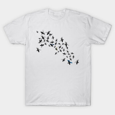 White t-shirt with black and blue bird design, casual style, 100% cotton, suitable for everyday wear.
