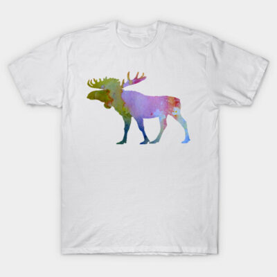 White t-shirt with colorful watercolor moose print, casual style, made of soft cotton, ideal for everyday wear.