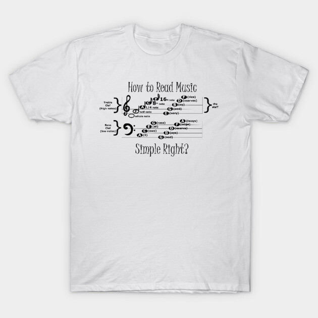 White music-themed t-shirt with "How to Read Music" print, casual style, cotton material, unisex design.
