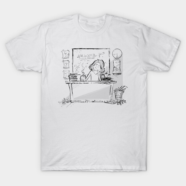White cotton T-shirt with teacher desk sketch design, casual style, perfect for everyday wear.