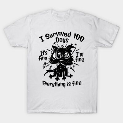 White T-shirt with black cat graphic and "I Survived 100 Days" text, casual style, comfortable cotton material.