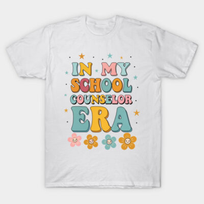 White T-shirt with colorful "In My School Counselor Era" text and flower design, casual style, cotton material.