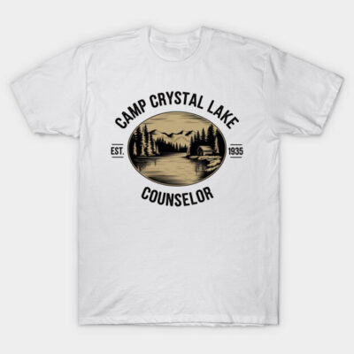 White t-shirt with "Camp Crystal Lake Counselor" print, featuring a vintage lake and forest design, cotton material.