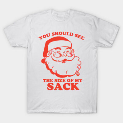 White cotton t-shirt with red Santa design and humorous text, perfect for festive wear.