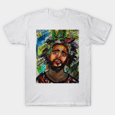 White t-shirt with colorful abstract portrait design, graffiti style art, casual wear, 100% cotton material.