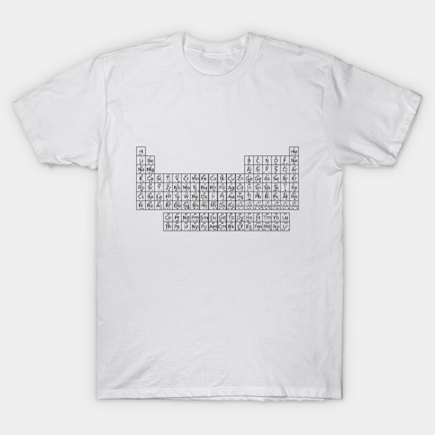 White cotton T-shirt with black periodic table print, casual style, unisex, ideal for science enthusiasts.