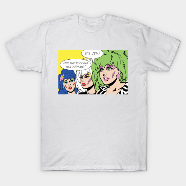 White T-shirt with colorful pop art comic print, featuring three characters in vibrant outfits and expressive speech bubbles.