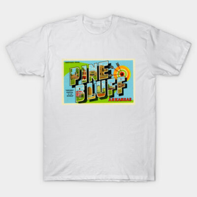 White T-shirt featuring colorful Pine Bluff Arkansas graphic print, casual style, perfect for everyday wear.