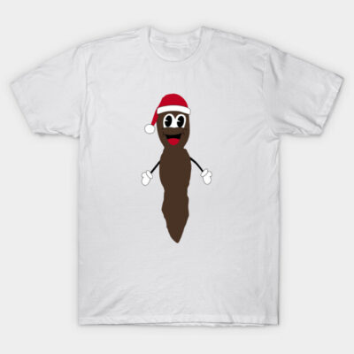 White T-shirt featuring a playful brown character with Santa hat, perfect for novelty holiday wear. Cotton material.