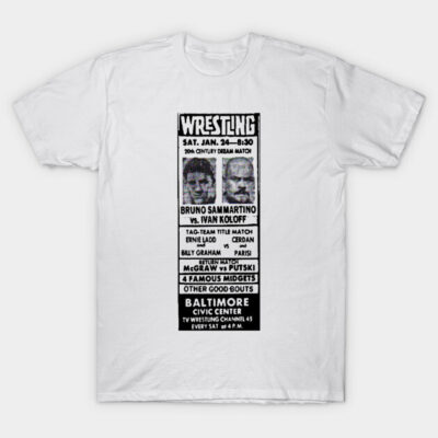 White vintage wrestling poster t-shirt, featuring black print, casual style, perfect for sports enthusiasts and collectors.
