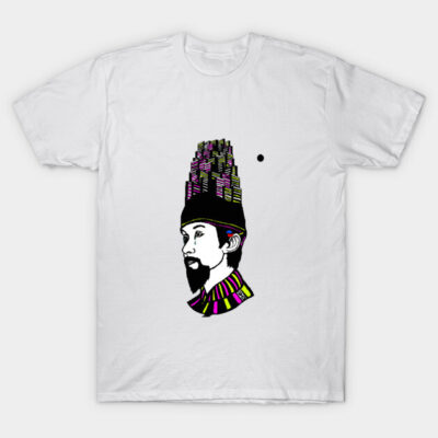 White cotton t-shirt with abstract graphic design, featuring colorful geometric elements and modern art style.