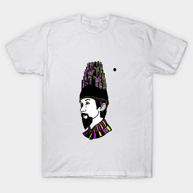 White cotton t-shirt with abstract graphic design, featuring colorful geometric elements and modern art style.