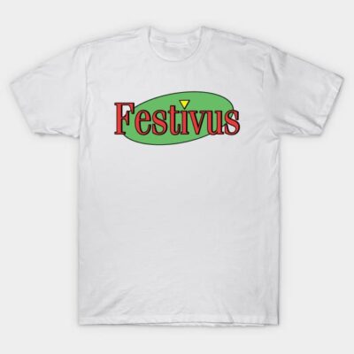 White "Festivus" T-shirt with green and red design, casual style, perfect for holiday celebrations or everyday wear.