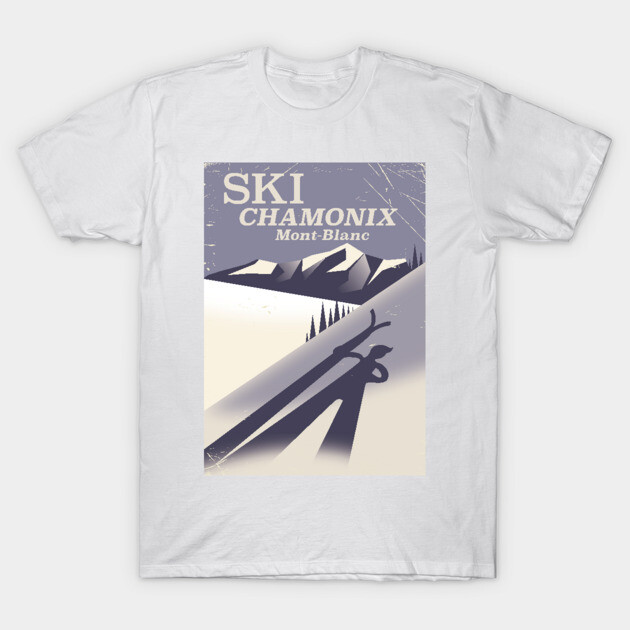 White t-shirt with vintage ski Chamonix Mont-Blanc graphic, ideal for winter sports enthusiasts, cotton material.