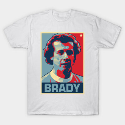 White graphic t-shirt featuring a colorful pop art design with "Brady" text, casual wear, cotton material.
