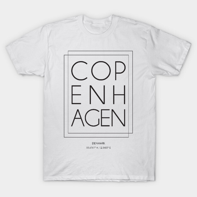 White cotton t-shirt with "Copenhagen" graphic text design, casual style, perfect for everyday wear.