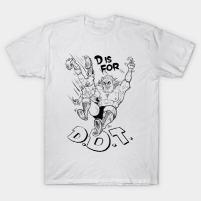 White "D is for D.D.T." graphic tee, wrestling theme, casual style, 100% cotton, unisex, comfortable fit.
