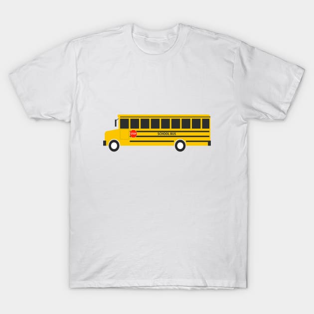 White t-shirt with yellow school bus graphic, casual style, cotton material, perfect for everyday wear.