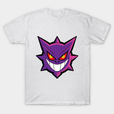 White T-shirt featuring a bold purple cartoon design, perfect for casual wear, made of 100% soft cotton.