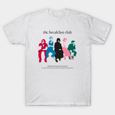White T-shirt featuring colorful retro-inspired "The Breakfast Club" graphic design, casual unisex style.