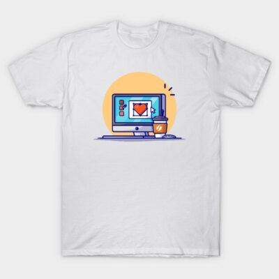 White graphic t-shirt featuring computer and coffee cup design, ideal for casual wear, 100% cotton.