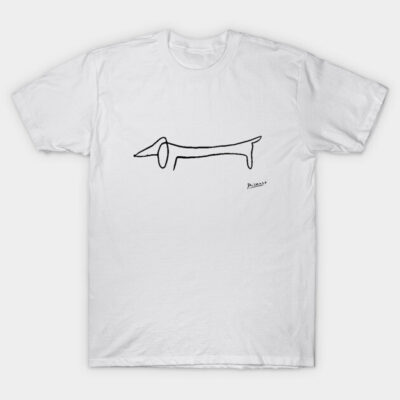 White t-shirt with minimalist black dog line art, casual style, cotton material, perfect for everyday wear.