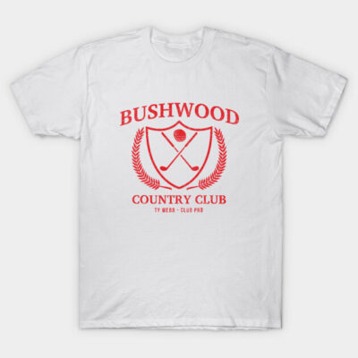 White T-shirt with red "Bushwood Country Club" logo, golf-themed design, casual wear, 100% cotton material.