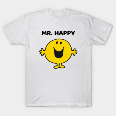 White cotton T-shirt with cheerful yellow cartoon character and "Mr. Happy" text, casual wear.