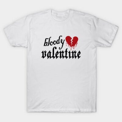 White "Bloody Valentine" T-shirt with red heart design, Gothic font, perfect for casual wear or Valentine's Day.