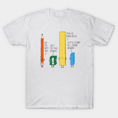 White cotton T-shirt with colorful cartoon stationery design, featuring pencil, sharpener, ruler, and eraser. Fun casual wear.